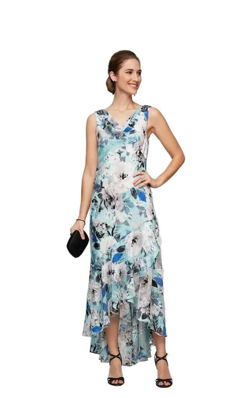 Alex Evenings Floral Cowl Neck Beaded Shoulder Gown Dress Size 16 Fairy